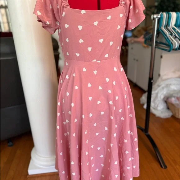 💕Unique vintage Pink Heart Print summer swing Dress m - Picture 7 of 9